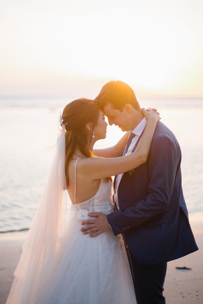 sunset, couple, wedding, bride, groom, married couple, nature, husband, wife, man, woman, romance, romantic, relationship, beach